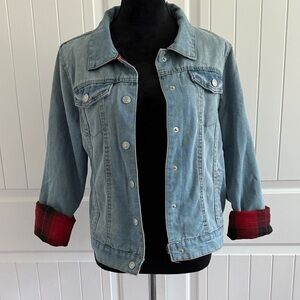 Classic reversible Blue Denim Jacket with Red Plaid Accents